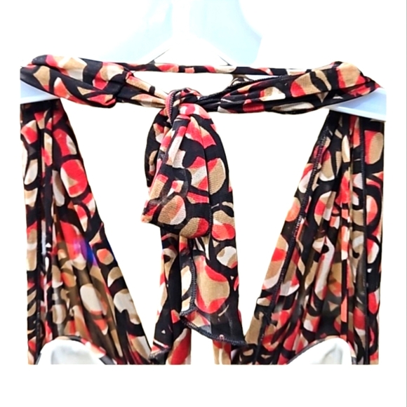 Studio Y, Sz Med, Halter, Dress,  Abstract, Red, Brown, Tan, Ruche, Hi/Lo Hem - Picture 4 of 16